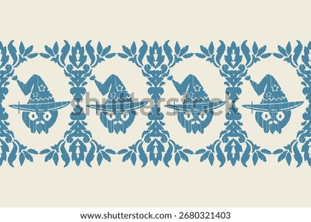 Elegant Halloween damask pattern in blue and beige, featuring jack-o’-lanterns and vintage flourishes. Ideal for spooky decor, fabric, wallpaper, and seasonal wrapping paper.