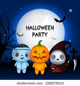 Elegant Halloween party design background banner with cute monster and full moon vector