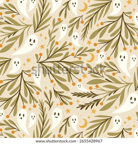 Elegant Halloween seamless pattern with whimsical ghosts, autumn foliage, stars, and moon on beige background — sophisticated spooky botanical design for fabric, wallpaper, and holiday decor