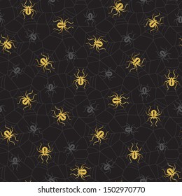 Elegant Halloween Vector Seamless Pattern With Gold and Grey Spiders on Spider Web on Black Background. Elegant Spooky Holiday Texture Perfect for Gift Wrapping, Home Decor and Textiles