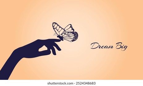 Elegant Hand with Butterfly Silhouette Illustration. Beautiful Butterfly Wings In A Minimalist Design for Nature Themed Backgrounds, Wedding Invitations, Printable Patterns, Wrapping, Greeting Cards.