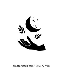 Elegant hand and crescent moon. Black and white mystical vector illustration. Witch art. Ethnic esoteric elements. Witch hand isolated on white background. Use for card, t-shirt print, astrology logo.