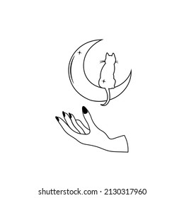 Elegant hand, crescent moon and cat. Mystical vector illustration. Esoteric poster. Witch hand isolated on white background. Use for card, t-shirt print, astrology, tarot logo, meditation concept.