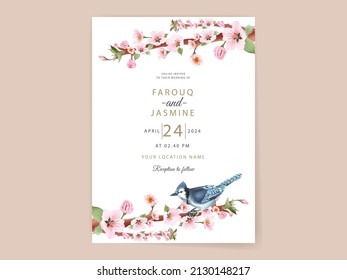 Elegant hand drawing cherry blossom wedding invitation card