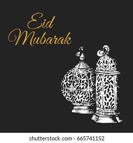 Elegant Hand Drawing Eid Mubarak Card Illustration With Gold Text
