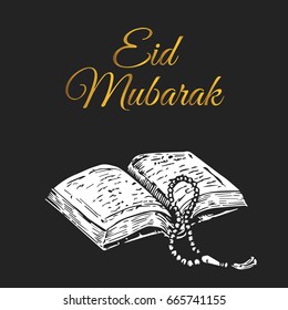 Elegant Hand Drawing Eid Mubarak Card Illustration With Gold Text
