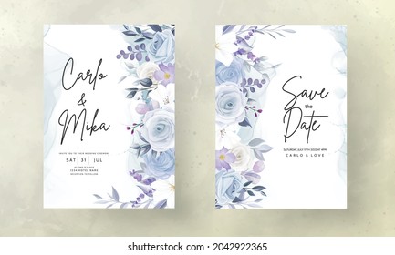 elegant hand drawing ice blue floral wedding invitation card