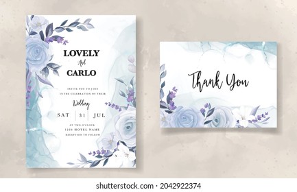 elegant hand drawing ice blue floral wedding invitation card