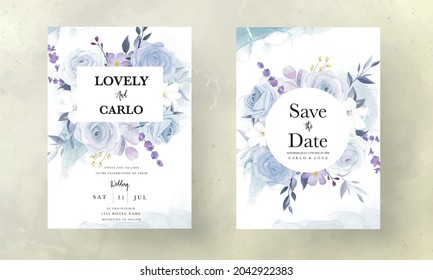 elegant hand drawing ice blue floral wedding invitation card