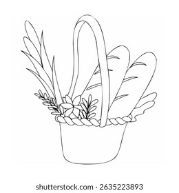 Elegant hand drawn basket overflowing with bread and spring floral elements in black and white