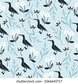 Elegant hand drawn birds and flowers. Birds silhouette. Vintage illustration. Vector seamless pattern. 