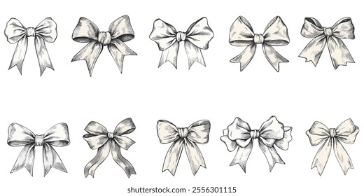 Elegant hand drawn bows collection for decoration and design elements.Vector icons for holiday, wedding, and gift wrapping decorations