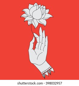 Elegant  hand drawn Buddha hand with flower. Isolated icons of Mudra. Beautifully detailed, serene. Vintage decorative elements. Indian, Hindu motifs vector