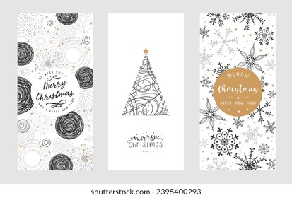 Elegant hand drawn Christmas  cards templates. Ornatl decorative frames with copy space, fireworks, snowflakes and greetings. Vector background.