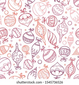 Elegant hand drawn christmas ornaments seamless pattern, decorated baubles hanging, great for christmas wrapping, banners, invitations, wallpaper - vector design