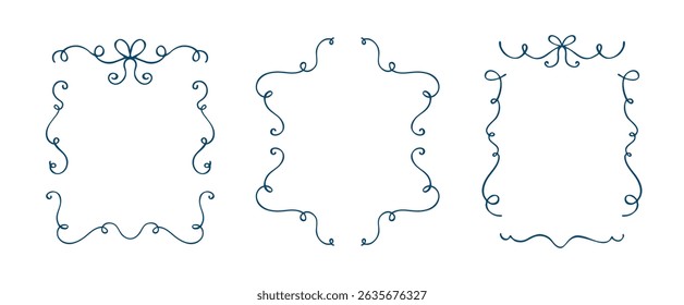 Elegant hand drawn curly line, decorative frames with bow elements in blue color for invitation or greeting card design, isolated on white background, vector illustration