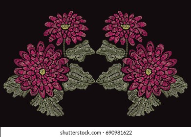 Elegant hand drawn decoration with gerbera flowers in embroidery style, design element. Can be used for fashion ornaments, fabrics, manufacturing, clothing design. Editable