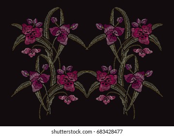 Elegant hand drawn decoration with lily flowers in embroidery style, design element. Editable colors