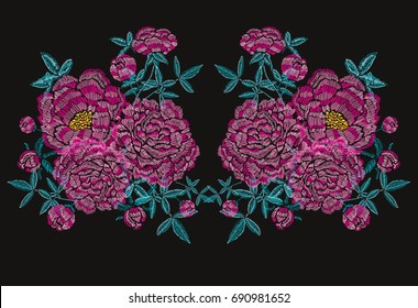 Elegant hand drawn decoration with peony flowers in embroidery style, design element. Can be used for fashion ornaments, fabrics, manufacturing, clothing design. Editable