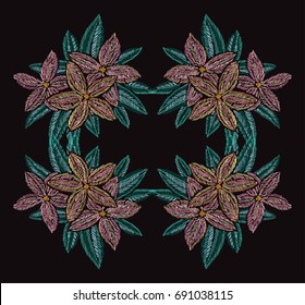 Elegant hand drawn decoration with plumeria flowers in embroidery style, design element. Can be used for fashion ornaments, fabrics, manufacturing, clothing design.