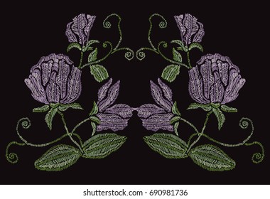 Elegant hand drawn decoration with sweet pea flowers in embroidery style, design element. Can be used for fashion ornaments, fabrics, manufacturing, clothing design. Editable