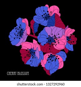 Elegant hand drawn decorative cherry blossom flowers, design element. Floral branch. Floral decoration for invitations, cards, posters, banners, print, scrapbooking, manufacturing. Sakura flowers