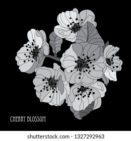 Elegant hand drawn decorative cherry blossom flowers, design element. Floral branch. Floral decoration for invitations, cards, posters, banners, print, scrapbooking, manufacturing. Sakura flowers
