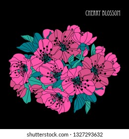 Elegant hand drawn decorative cherry blossom flowers, design element. Floral branch. Floral decoration for invitations, cards, posters, banners, print, scrapbooking, manufacturing. Sakura flowers