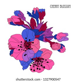 Elegant hand drawn decorative cherry blossom flowers, design element. Floral branch. Floral decoration for invitations, cards, posters, banners, print, scrapbooking, manufacturing. Sakura flowers