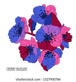 Elegant hand drawn decorative cherry blossom flowers, design element. Floral branch. Floral decoration for invitations, cards, posters, banners, print, scrapbooking, manufacturing. Sakura flowers