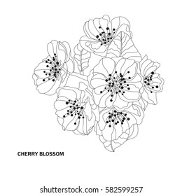 Elegant hand drawn decorative cherry blossom flowers, design element. Floral branch. Floral decoration for invitations, cards, posters, banners, print, scrapbooking, manufacturing. Vintage flowers.