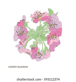 Elegant hand drawn decorative cherry blossom flowers, design element. Floral branch. Floral decoration for invitations, cards, posters, banners, print, scrapbooking, manufacturing. Vintage flowers