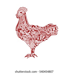Elegant hand drawn decorative chicken, farm domestic bird. Can be used for cards, invitations, print, gift wrap, gift paper, scrapbooking, manufacturing, flyers, banners, food, menu, farm themes