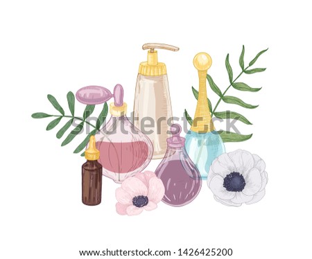 Elegant hand drawn decorative composition with perfume, toilet water, fragrant essential oil in glass bottles and blooming flowers on white background. Realistic vector illustration in vintage style.