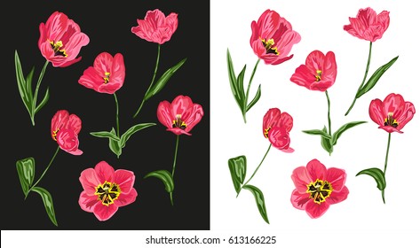 Elegant hand drawn decorative red tulip flowers, design elements. Floral branches. Floral decorations for invitations, cards, posters, banners, print, scrapbooking, manufacturing. Vintage flowers