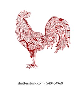 Elegant hand drawn decorative rooster, symbol of New Year 2017. Can be used for cards, invitations, print, gift wrap, gift paper, scrapbooking, manufacturing, flyers, banners, web backgrounds