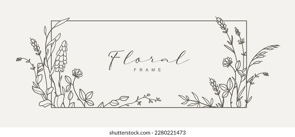 Elegant hand drawn floral frame with delicate meadow flowers, herbs, branches, plants. Vector illustration in line art style