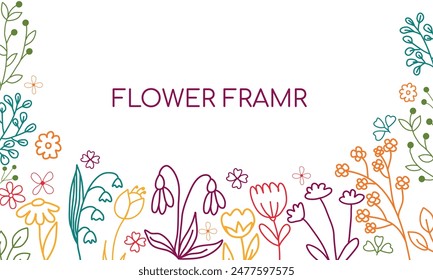 Elegant hand drawn floral frame with delicate meadow flowers, herbs, branches, plants. Vector illustration in line art style