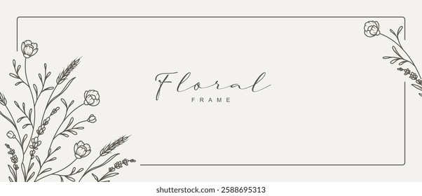 Elegant hand drawn floral frame with delicate meadow flowers, ears, herbs, branches, plants. Vector illustration in line art style