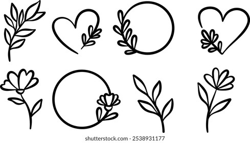 Marcos florales dibujados a mano elegantes, Elementos de arte de Clip decorativos de tinta linda, conjunto de ilustración minimalista de hojas de dibujos animados, diseños aislados