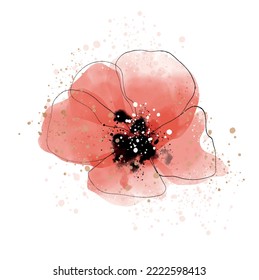 Elegant Hand Drawn Floral Vector Illustration. Red Watercolor Style Poppy Flower with Gold Splatters on a White Background. Simple Abstract Floral Print ideal for Card, Greeitings, Invitation.No text.