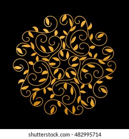 Elegant hand drawn flourish design template. Gold textured business, nature, floral, wedding symbol. Design for greeting card, postcard, invitation, banner, flyer. Vector illustration.