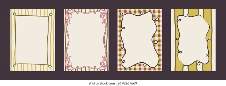 Quadro desenhado à mão elegante conjunto com redemoinhos vintage, fitas e arcos. Bordas de doodle extravagantes para convites de casamento, cartões de felicitações ou desenhos minimalistas românticos