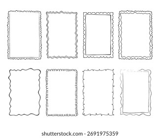 Elegante colección de marcos dibujados a mano con rizos decorativos, corazones y arco, bordes de línea doodle para papelería e invitaciones