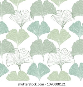 Elegant Hand Drawn Ginkgo Biloba Leaves Vector Pattern. Green Leaves on a White Background. Delicate Green Delicate Sketch Leaves. Lovely Floral Vector Pattern.
