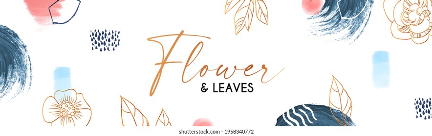 Elegant hand drawn gold flower art design. Trendy blossom background with watercolor paint stains