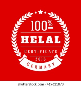 Elegant hand drawn Halal certificate product, food label. Style for Muslin meal, ideal for sophisticated Menu and Cafe sign. Isolated vector illustration. For Germany