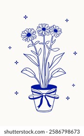 Elegant hand drawn illustration of daisies flowers in pot with bow. Minimalist outline design in blue. Floral line art blossom spring home plant. Delicate botanical print, poster, card