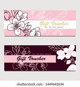 Elegant hand drawn jasmin flower set of two gift vouchers. With different backgrounds. For your designs, wedding invitation, holiday celebration, presebt decoration, post card.