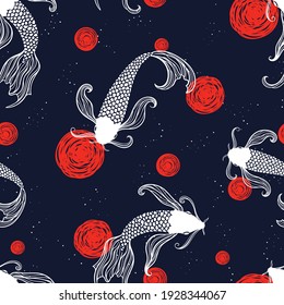 Elegant hand drawn koi fish seamless pattern, japanese background, great for textiles, banners, wallpapers, wrapping - vector design